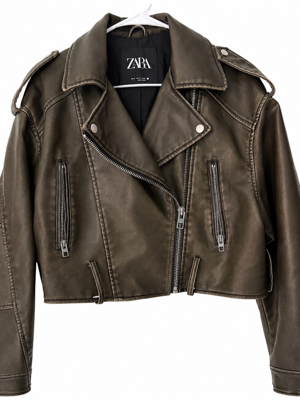 ZARA Cropped Moto Jacket Faux Leather Olive Brown XS Y2K Biker